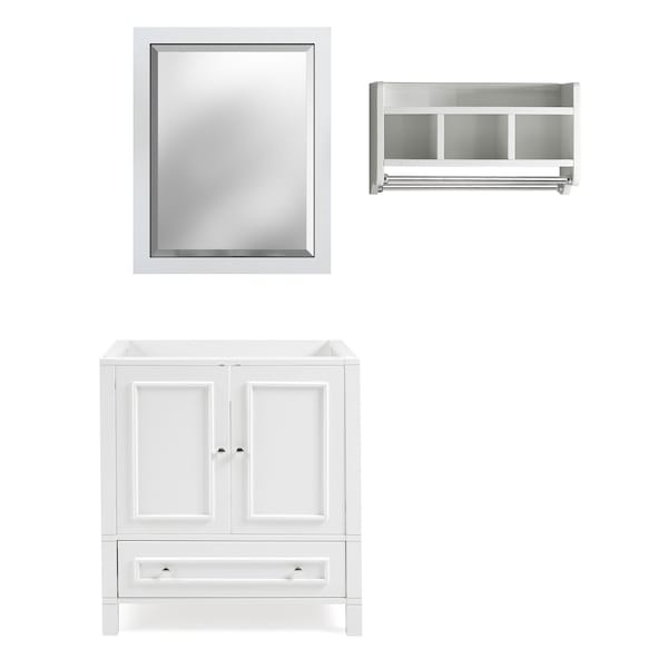 Alaterre Furniture Williamsburg 3pc Wooden Vanity Set - 30-in. L Vanity, 30-in. L Mirror, 25-in. W Wall Shelf, White AVAN3000WHBB - main